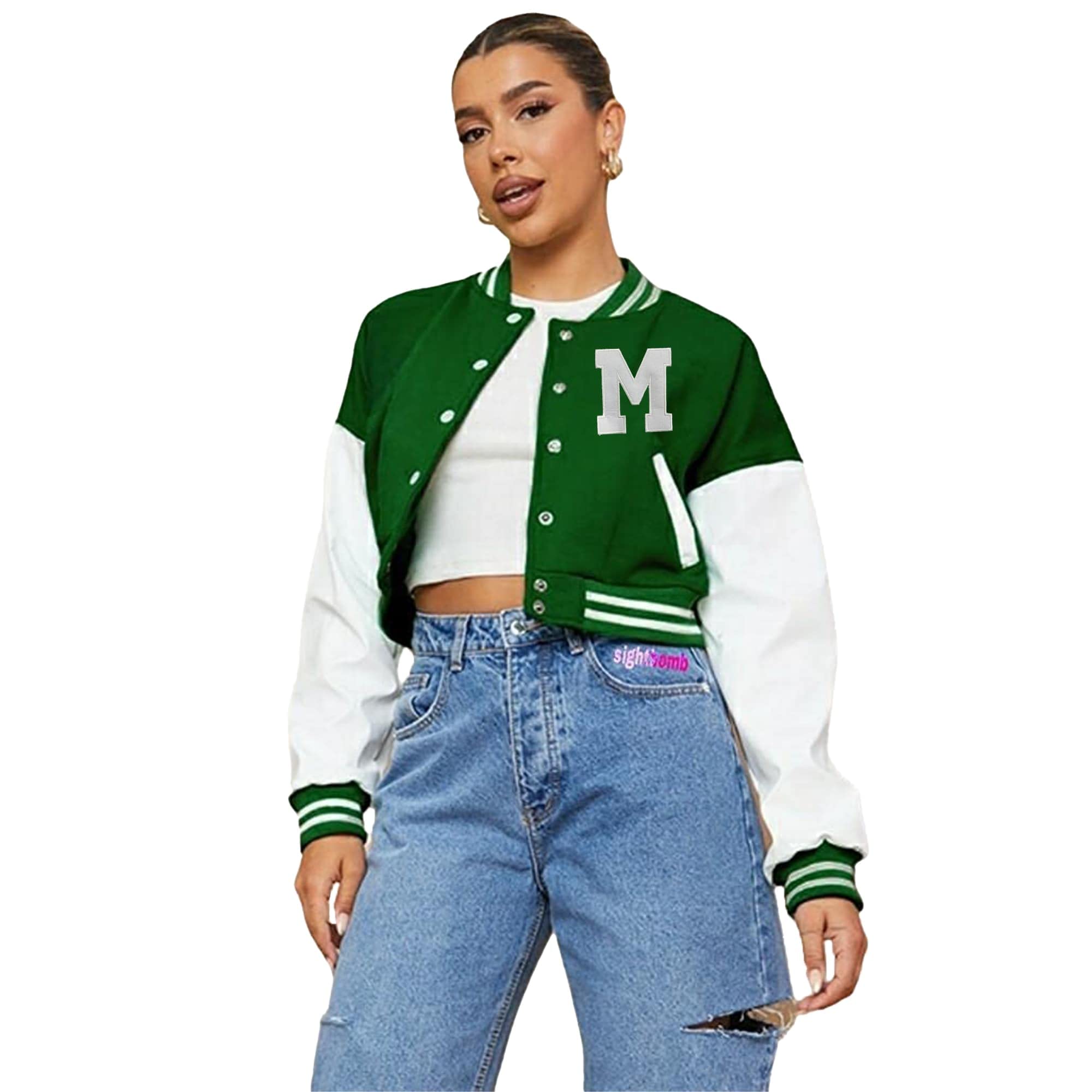 koverify Green crop Lettermen Varsity For Women/Baseball Jacket/letter Crop Varsity Jacket-picture-11