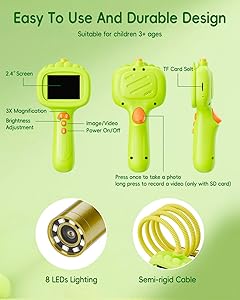 Borescope Snake Camera with Light for Kids, Outdoor Educational STEM Toys, Science Gifts for 5 Year Old Boy, Camping Nature Activities, Best Birthday Gift for Boys, Girls Ages 4,5,6,7,8,9,10(Green)