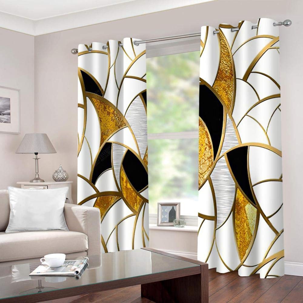 JGTQ Rideaux Isolants Thermique 2X W 140 x H 250 Cm Motif Géométrique Doré - Polyester Imprimé Oeillets Anti Froid pour Salle de Séjour, Chambre d'Enfant - Décoration