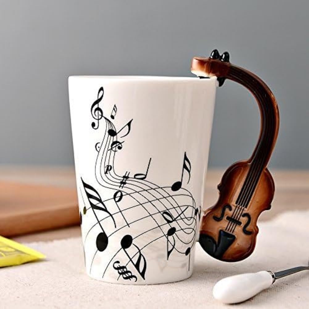 Kompassswc Lusitig Kaffeetasse mit motiv henkel Keramiktasse Musik Teebecher Musiktasse Teetasse Musiknoten bedruckt Musiklieber Winter Geschenk 0,3L (Geige)