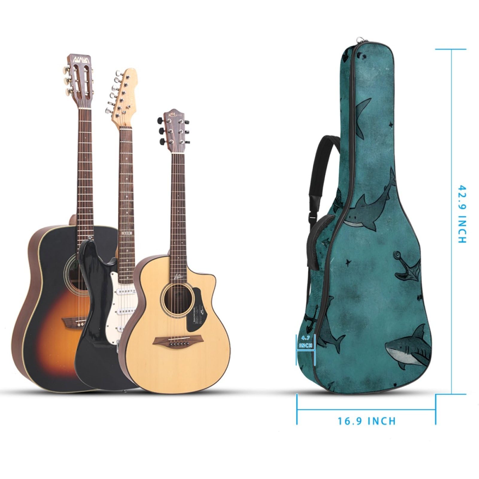 43 Zoll Akustikgitarre Softcase mit Rucksackgurt und 2 Taschen Retro Haie Muster Keine Polsterung Rucksack Wasserdicht Oxford Tuch Bassgitarre Gigbag für Konzertgitarre, mehrfarbig,