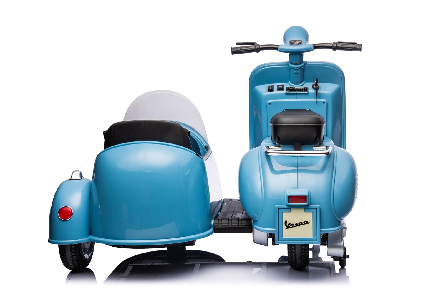 Elektro Kinder Motorrad Vespa 150 VL1T mit Beiwagen 2x35W 12V 7A, Farbe:Blau