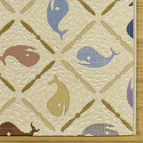 Gertmenian Reyn Spooner Kona Coast Fresco Hawaiian Tropical Rugs - 9x13 Ft Extra Large, Washable, Stain & UV Resistant Indoor Outdoor Area Rug - Ivory Multi, Kanaloa Whales, 46771