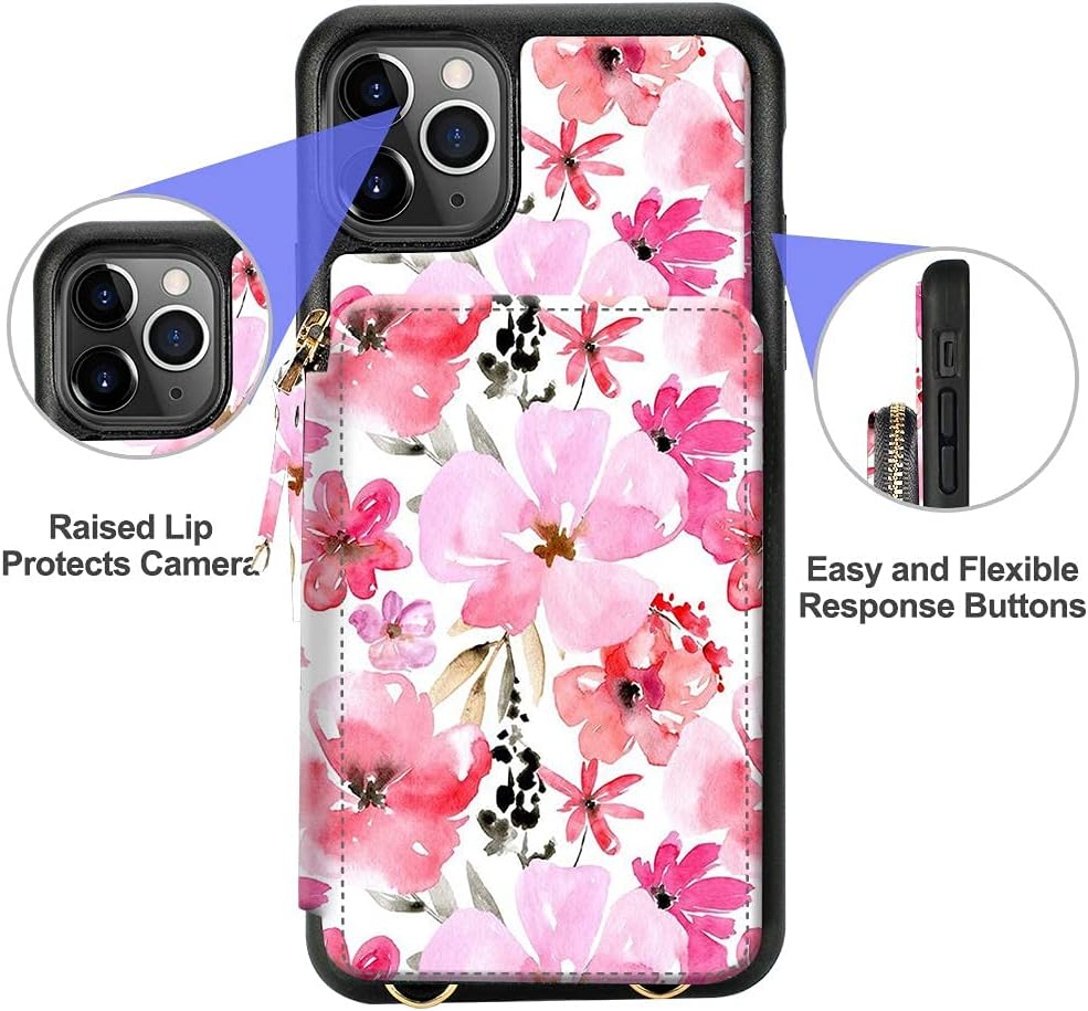 LAMEEKU Wallet Case Compatible with iPhone 12 Pro Max, Card Holder Zipper Case with Card Slot Crossbody Chain, Protective Cover Design for iPhone 12 Pro Max 6.7'' 2020 - Cherry Blossoms