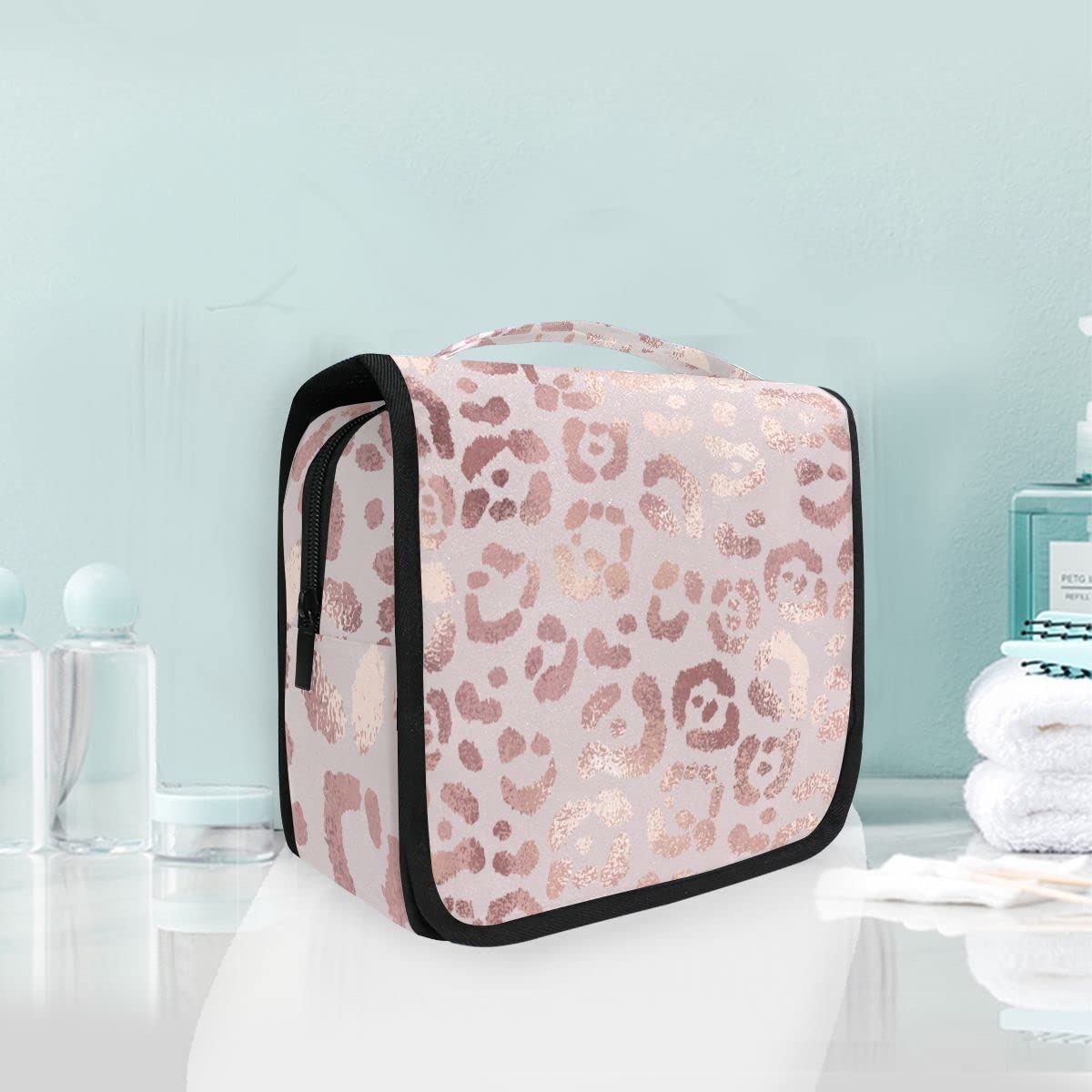 senya Hanging Travel Toiletry Bag Leopard Print Cheetah Rose Gold Kit Makeup Case Cosmetics Organizer for Men Women…