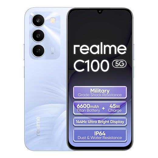 realme C100 5G Smartphone 4+128GB,Viola Fiorito,Display LCD 6,8" 144Hz,Batteria 6600mAh a lunga durata,Ricarica super veloce 45W,Fotocamera 50MP ad alta risoluzione,Dimensity 6300,IP64,Dual SIM
