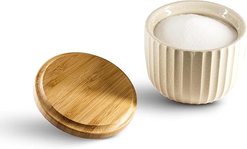 Miniatura 3 de LunaLife Recipiente para bodega de sal con tapa de bambú cuencos de cerámica de gran capacidad de 14 onzas caja de pimienta contenedor de