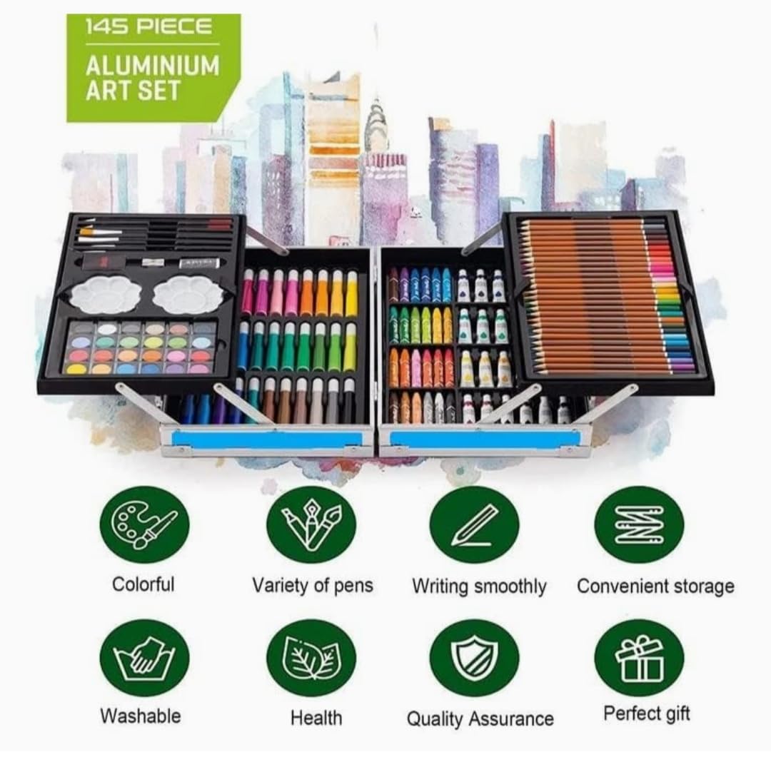 FEELHIGH 145 pcs Artist Colour Set -Multiple Kit, Professional Drawing Color Pencils, Oil Pastel, Sketches, Water Colors,Children Drawing Colouring Set without Cardboard Package Box (Universe Blue) 1
