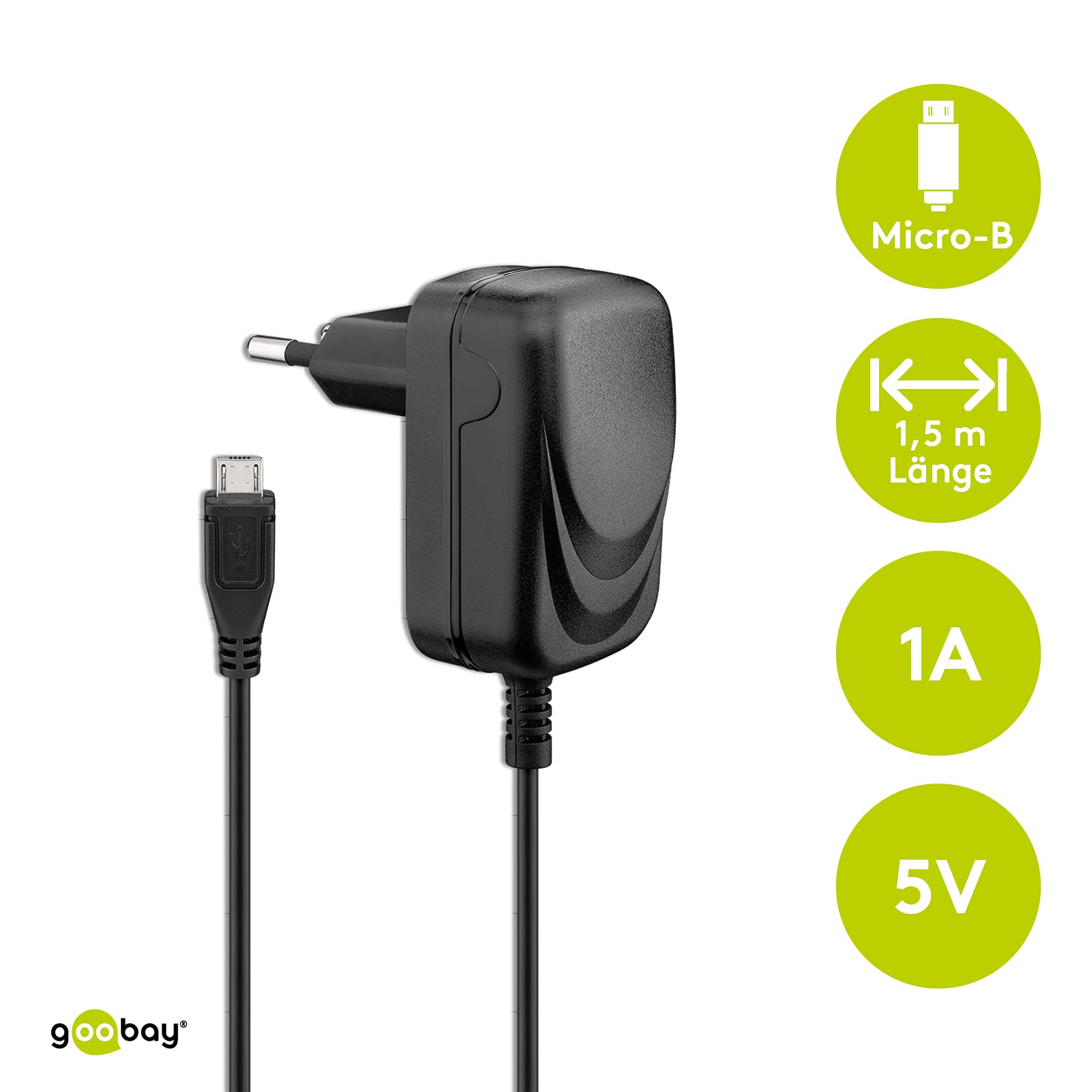 Goobay 49529 Caricatore Micro USB 1.0A 1,5m, Nero