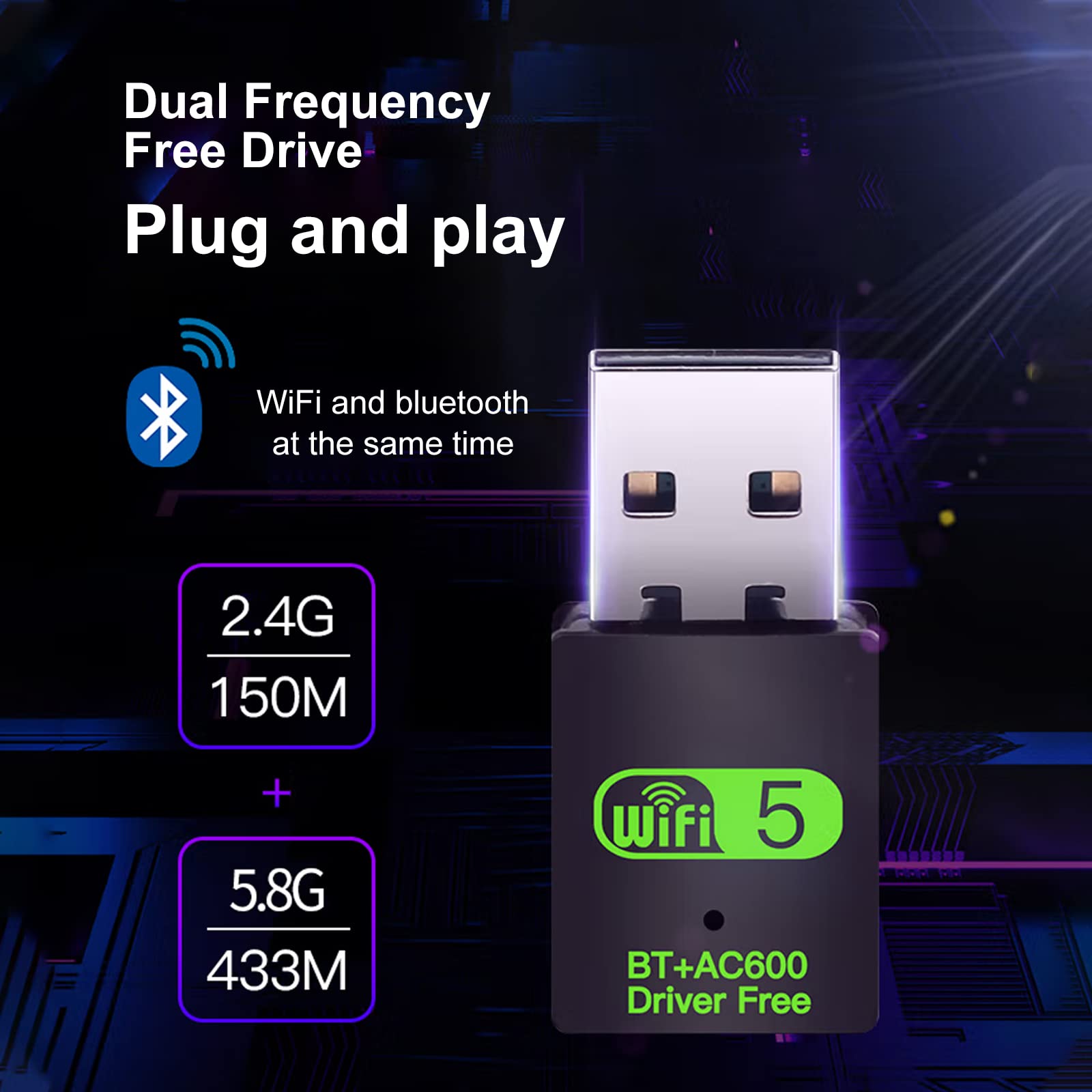 USB WiFi Bluetooth Adapter, 600Mbps Dual Band 2.4/5GHz Wireless Network Card, USB WiFi Dongle for PC/Laptop/Desktop, Support Windows XP/7/8.1/10