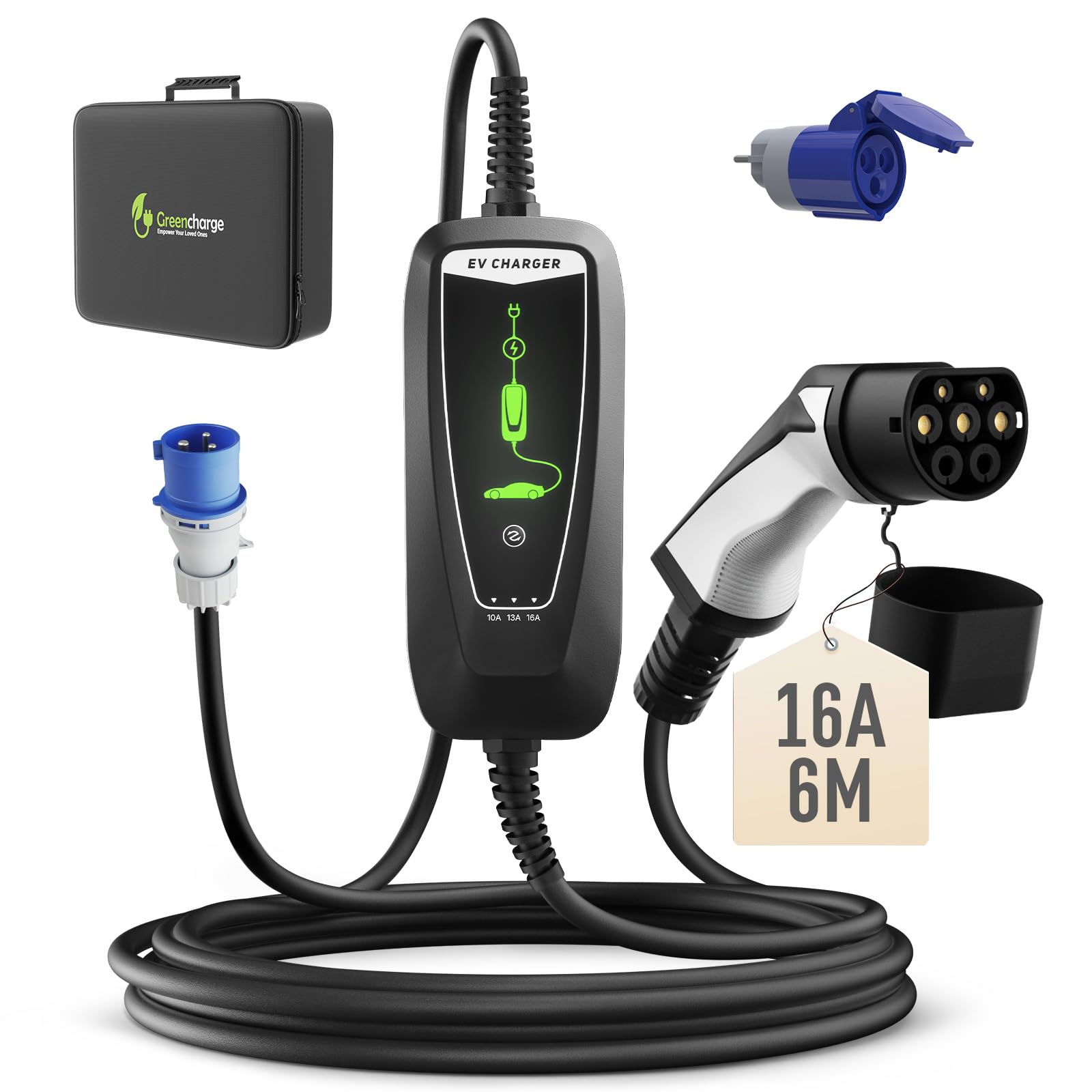 Kabel do ładowania EV typu 2, 3,68 kW z wtyczką CEE 16 A, 1-fazowy, 10-16 A, przenośny kabel do ładowania, ładowarka samochodowa z kablem 6 m, IP66, torba do przenoszenia, kompatybilna ze
