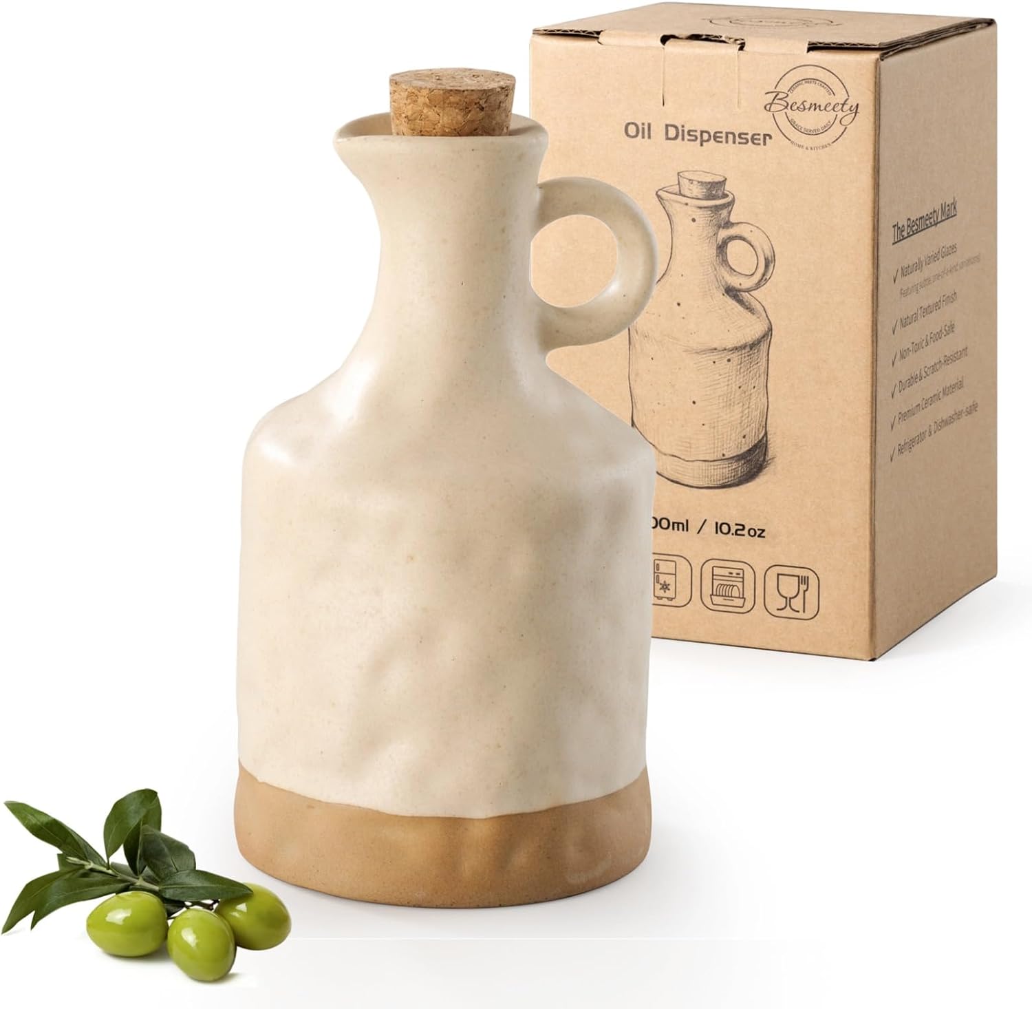 Besmeety 10 oz Olive Oil Dispenser Bottle with Cork Stopper and Handle, Ceramic Oil Bottles for Kitchen, Soy Sauce Dispenser, Leakproof, Opaque Cruet Protects to Reduce Oxidation(White)