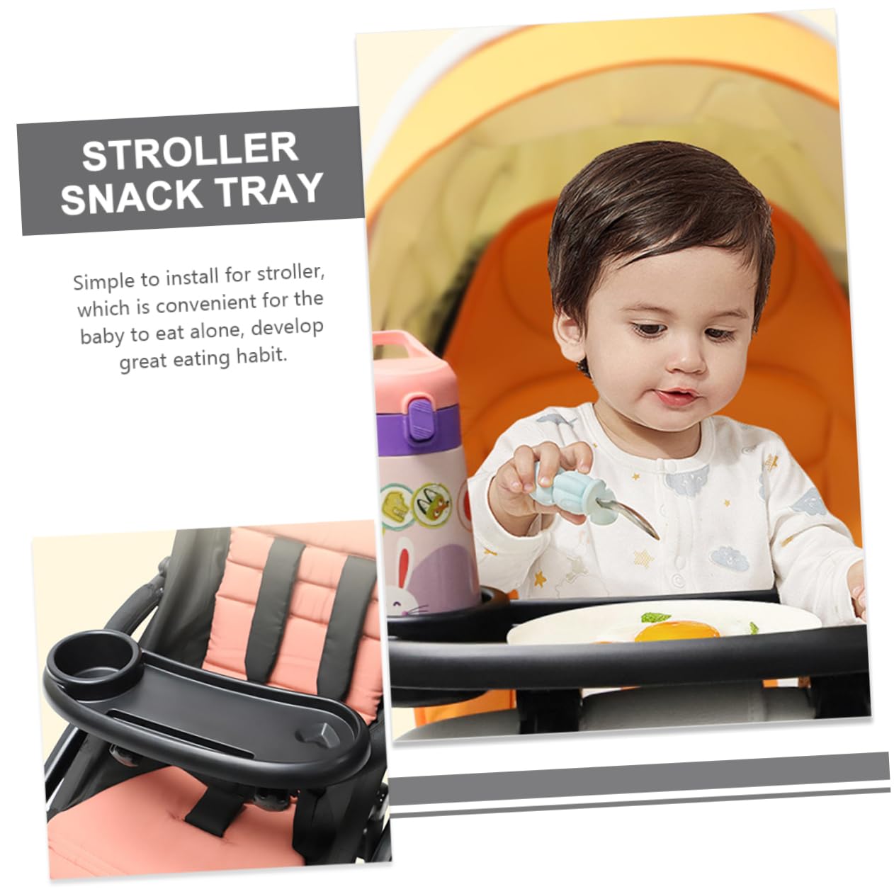 Plateau de Poussette avec Porte-gobelet Stable en Plastique Noir et Facile à Nettoyer, Accessoire pour Repas et Goûter Bébé en Promenade