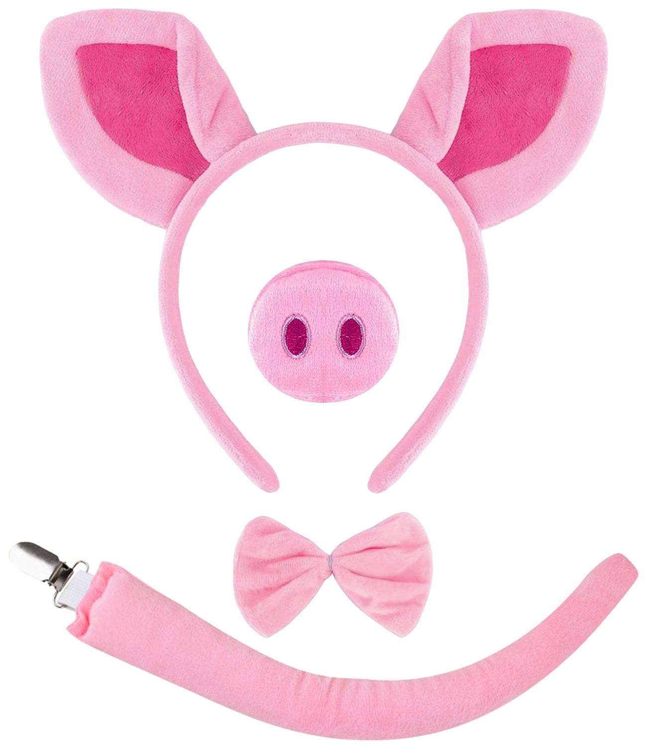 Kecartu 4 Pieces Pig Costume Set with Adjustable Pink Pig Ear Headband, Nose, Curly Tail and Bow Tie, Animal Fancy Costume Accessories for Halloween Cosplay Party