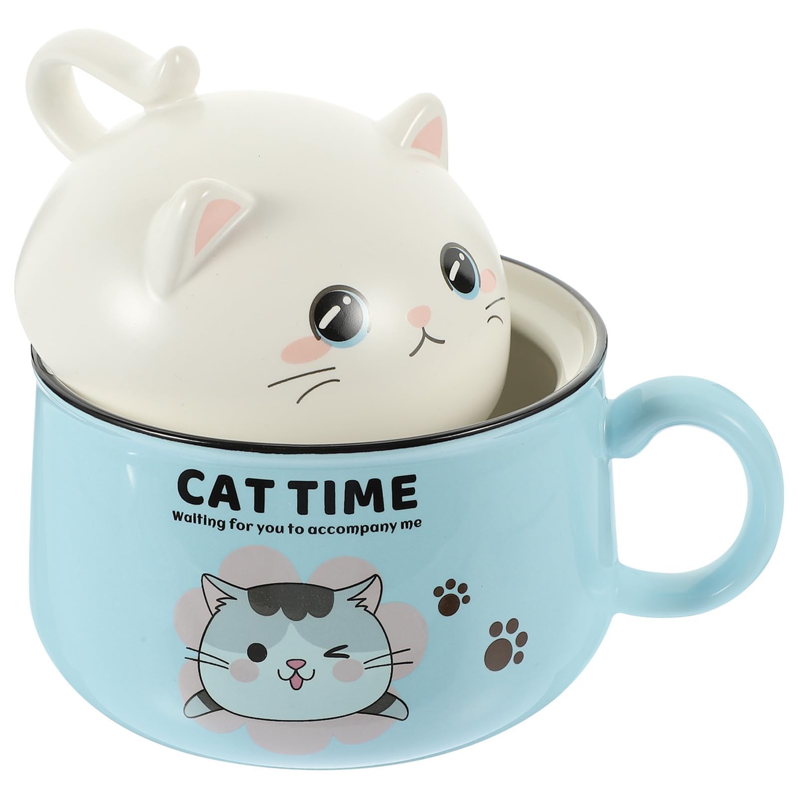 Juego de Tazón de Ramen Japonés con Tapa y Accesorios con Diseño de Gato, Capacidad 1020ml, Cerámica Azul para Sopa en Casa