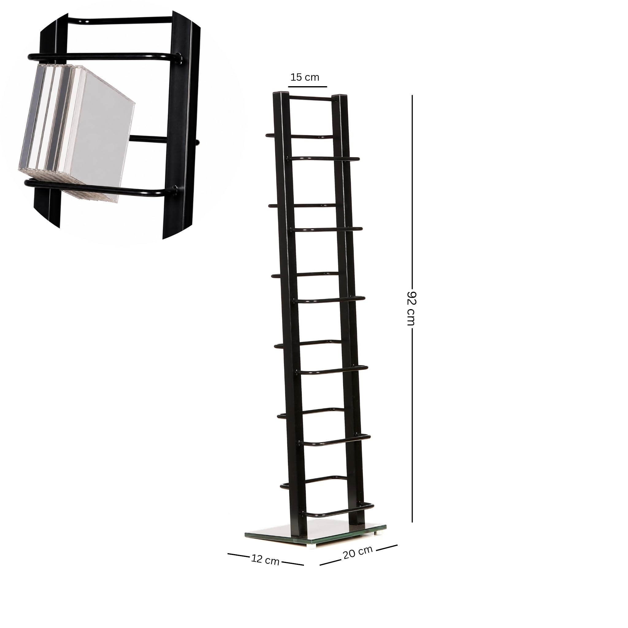 DESIGN CD STÄNDER CD REGAL LOUNGE TOWER schwarz 92cm aus Metall und Glas Aufbewahrung für ca 85 CDs