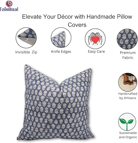 Miniatura 4 de Fundas de almohada de algodón de lona de pato con estampado de bloques de 14 x 14 pulgadas, fundas de almohada decorativas hechas a mano para sofá y