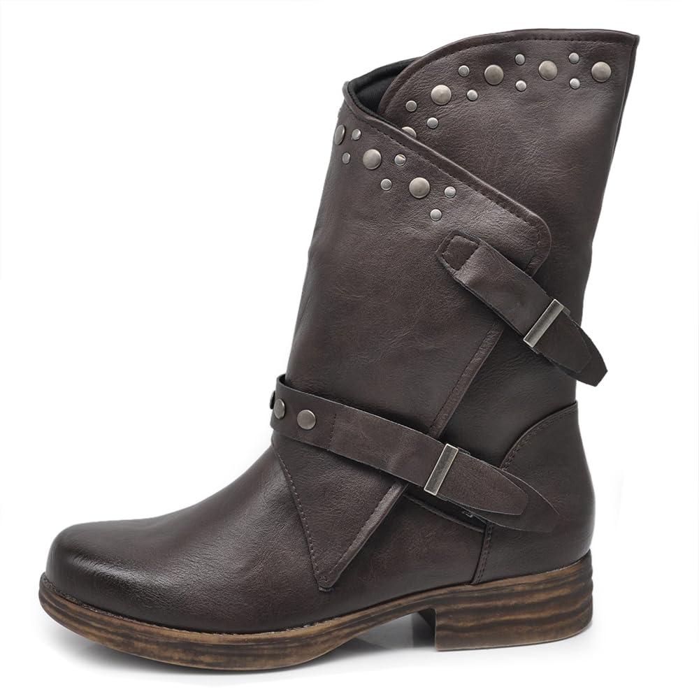 IF Fashion Scarpe Da Donna Stivali Stivaletti Biker Fibbie Anfibi Al Polpaccio Largo Con Borchie 647-2