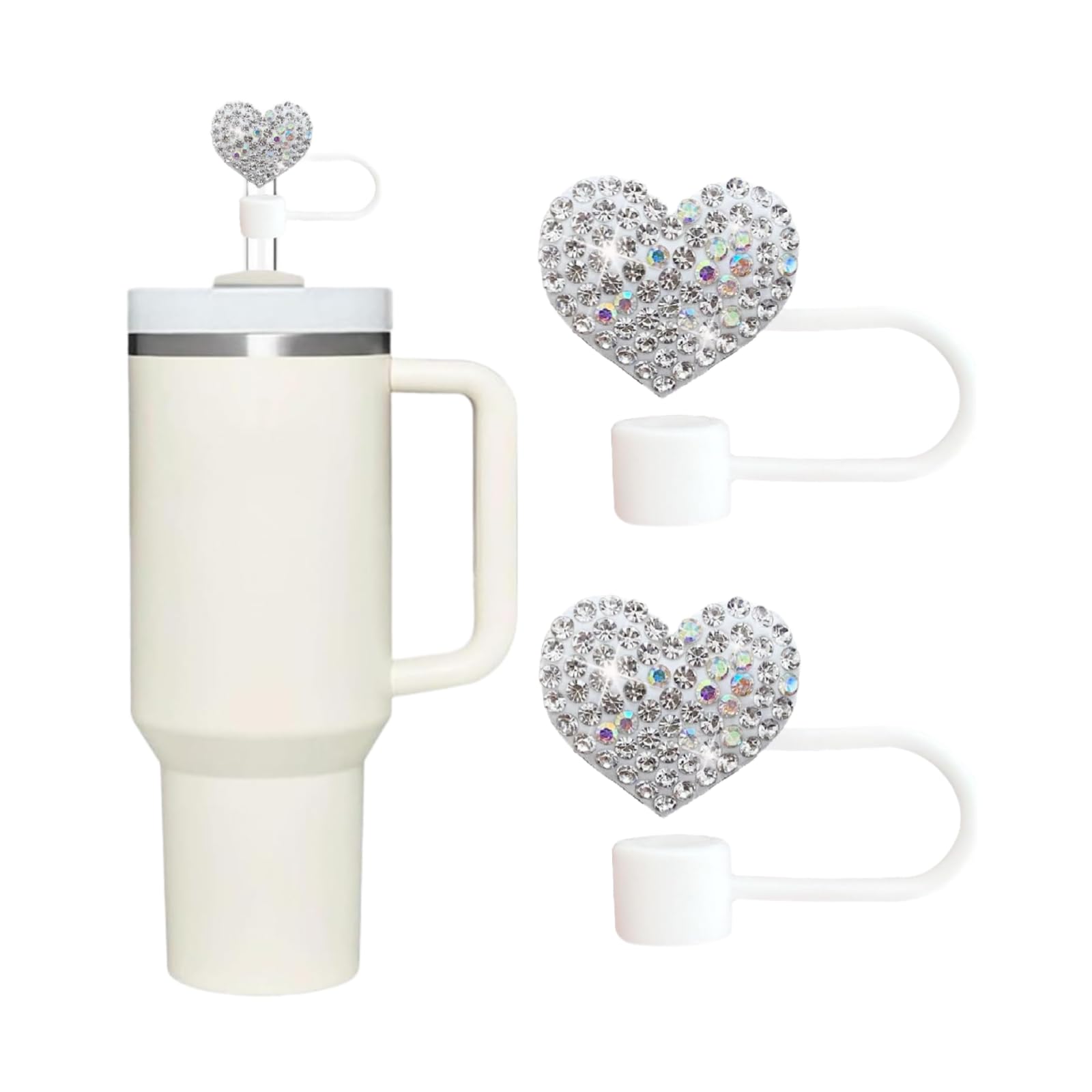 2Pcs Bling Hearts Straw Covers Cap for Stanley Cup, Bling Diamond Rhinestone, 10mm Silicone Toppers, Straw Topper Compatible for Stanley 30&40 Oz Tumbler with Handle, Reusable Straws (Silver)
