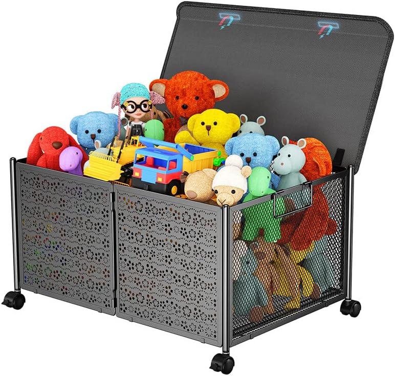 Lidded Storage Bins with Wheels - 23.62x16.54x12.6 Iron Breathable Design for Home & Office Organization - Under Bed, Toy, Laundry, Garage, Clothes Storage, Foldable, Magnetic Magic Tape