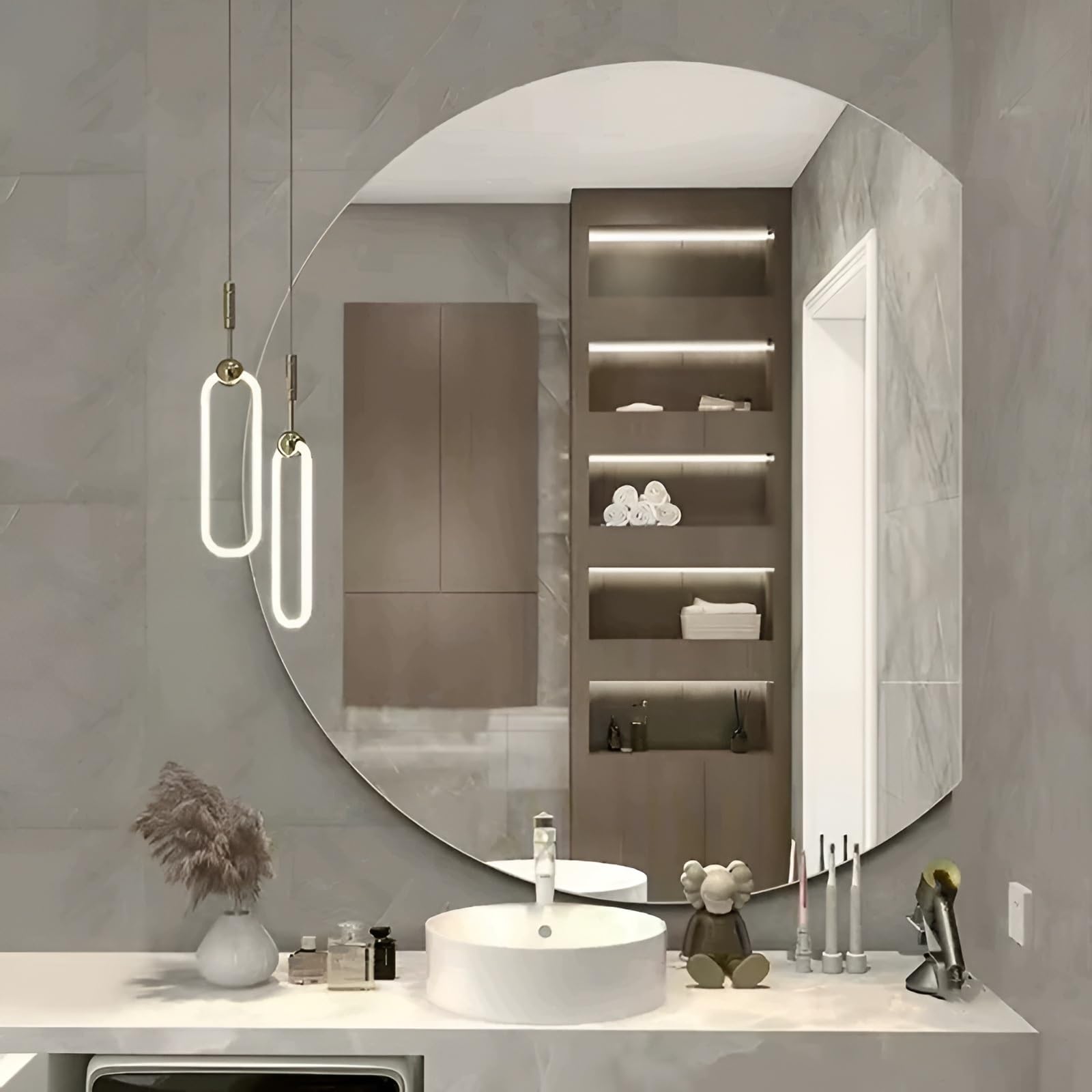 FGXHHS Half Moon Mirror For Bathroom, Modern Frameless Wall Mirror, Semicircle, Safety Explosion Proof, Living Room Bedroom Entryway, Down/Left/Right Cut(Right Cut,80cm/31.5in)