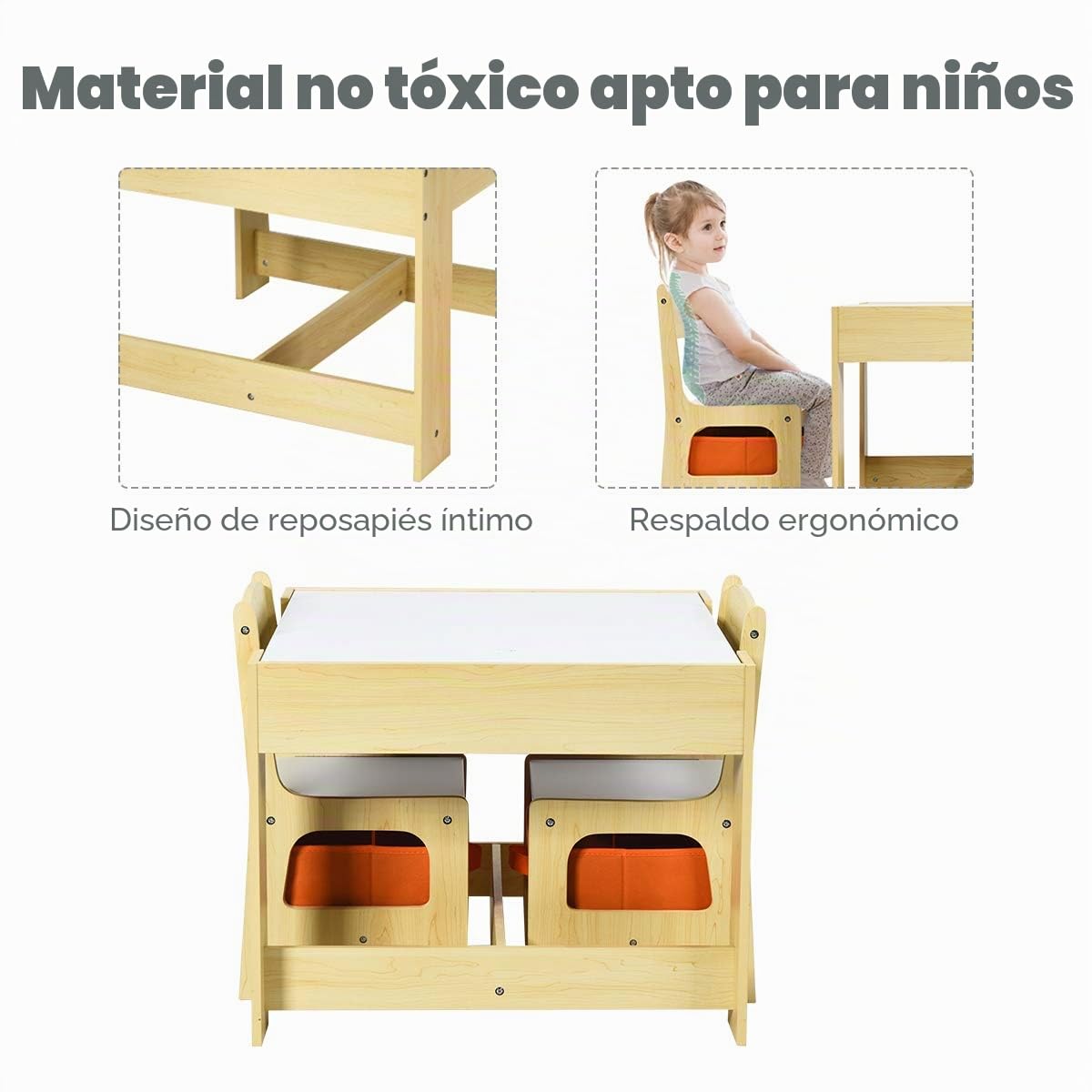 GIANTEX Juego de Mesa y 2 Sillas para Niños, Sillas con Cajones de Tela, Escritorio Infantil de Madera con Espacio de Almacenamiento, Tablero Reversible con Pizarra, Grupo de Asientos para Niños