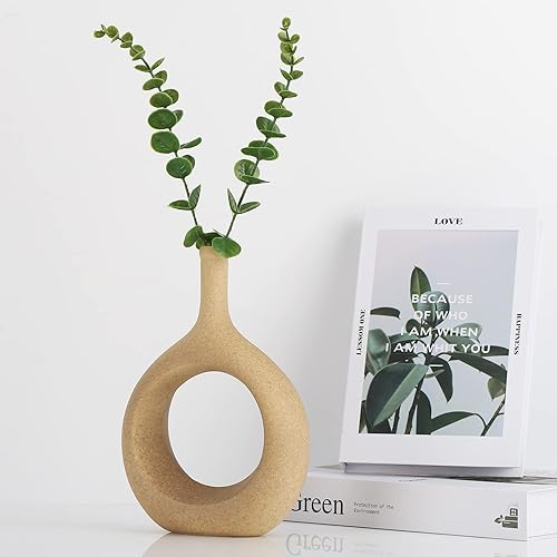Miniatura 9 de LCCCK Jarrón de cerámica beige mate, jarrones circulares de color tostado con agujero, centro de mesa rústico neutro, decoración de mesa, jarrón