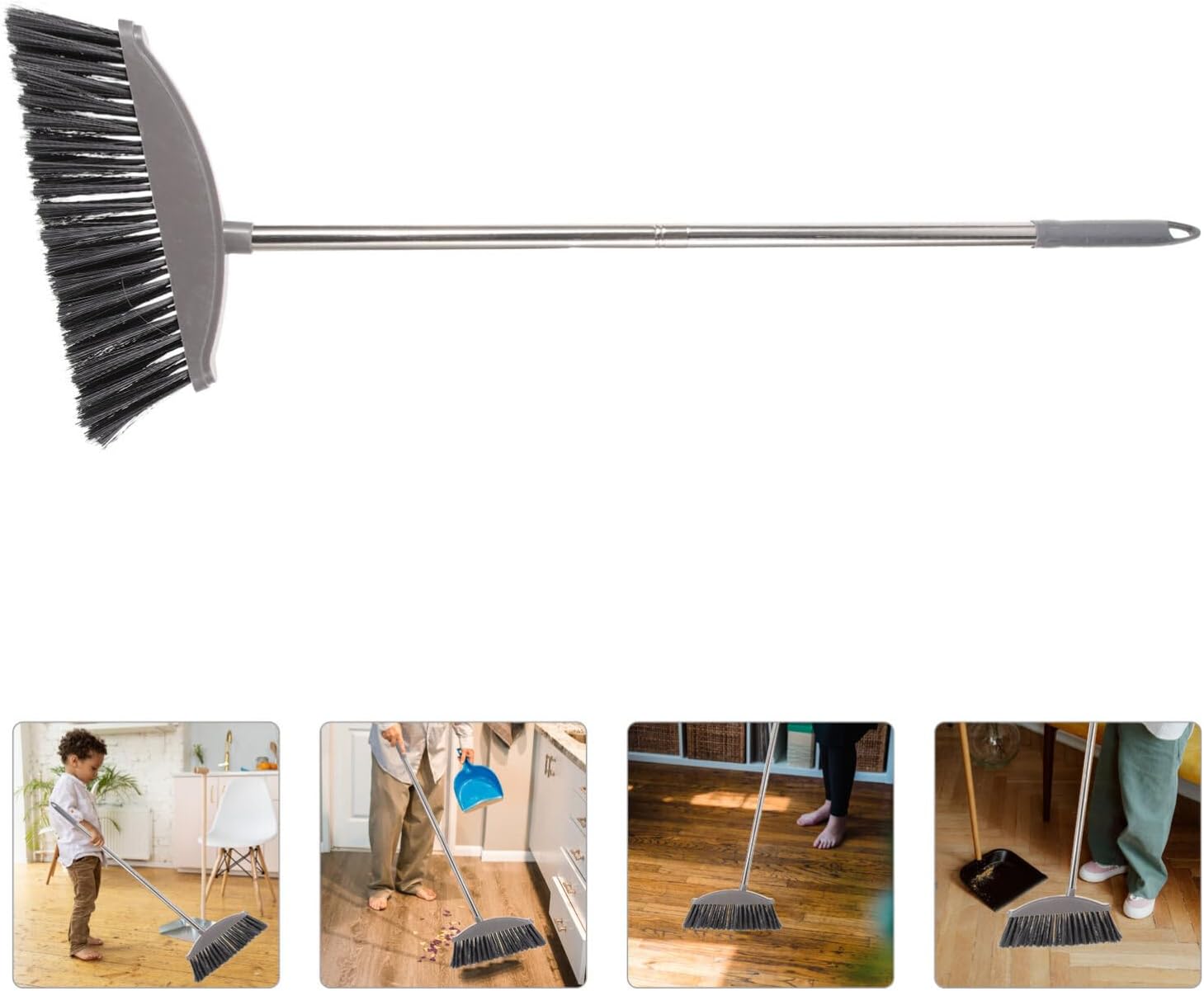 Luxshiny Stiff Broom Indoor Indoor Broom, Stainless Steel Angle Broom with Long Handle Soft Floor Sweeping Brooms Home for Kitchen Bathroom Pet Dark Grey