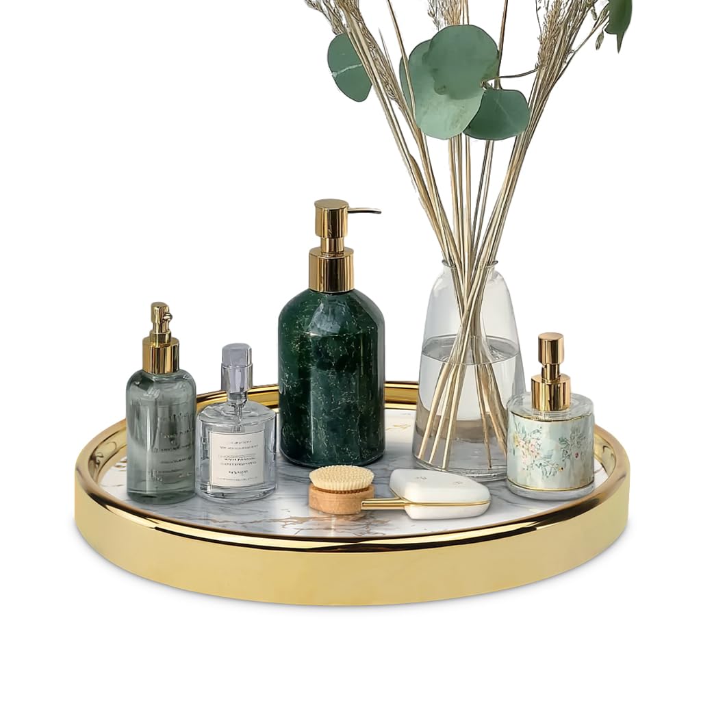 Decor Trends Round Marble Decorative Tray, Multi-Functional Storage Organizer for Vanity, Coffee Table, Jewelry, Perfumes and Home Decor, Luxury