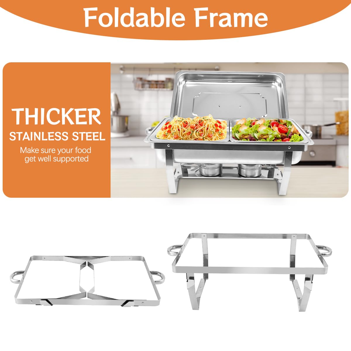 Chauffe-Plats en Acier Inoxydable, 9L Chafing Dish, Buffets Chauffants avec Pinces et Cuillères pour Fêtes, Mariage, Banquets, Restauration (4 pièces, 8 x GN 1/2)