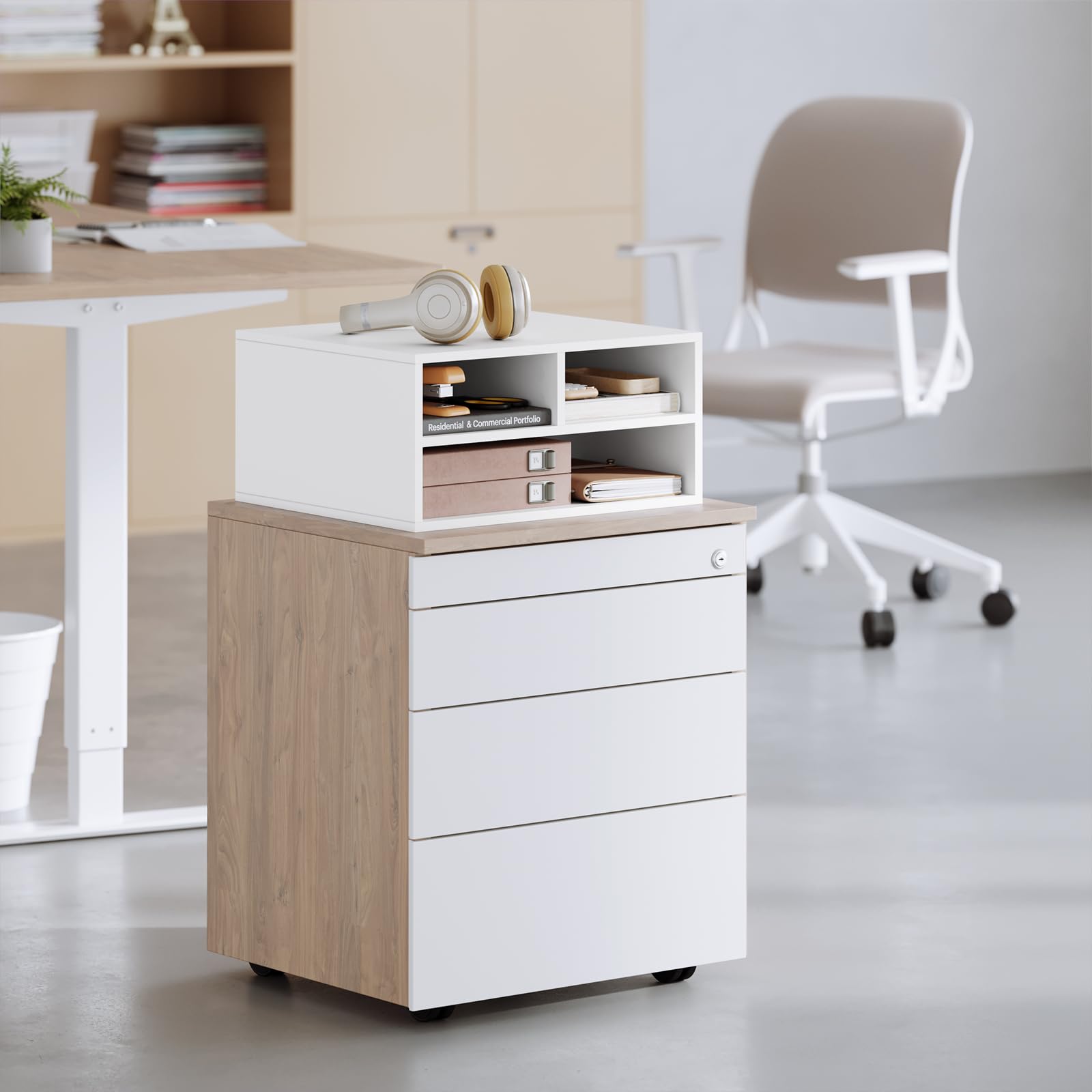 WOLTU Schedario da Ufficio a 2 Livelli con Custodia, Porta Stampante da Scrivania in Legno con 3 Scomparti per l'Ufficio, 47x40x22,5cm, Bianco, ASK15ws