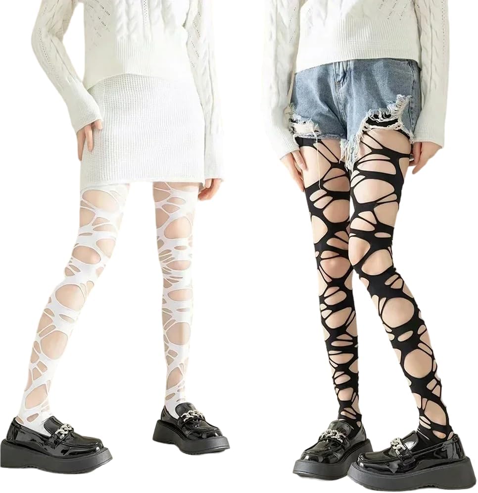 mdgfge Halloween 2 Pair Women's Ripped Tights Gothic Zombie Punk Perforated Stocking Ragged Pantyhose Hosiery Accessories