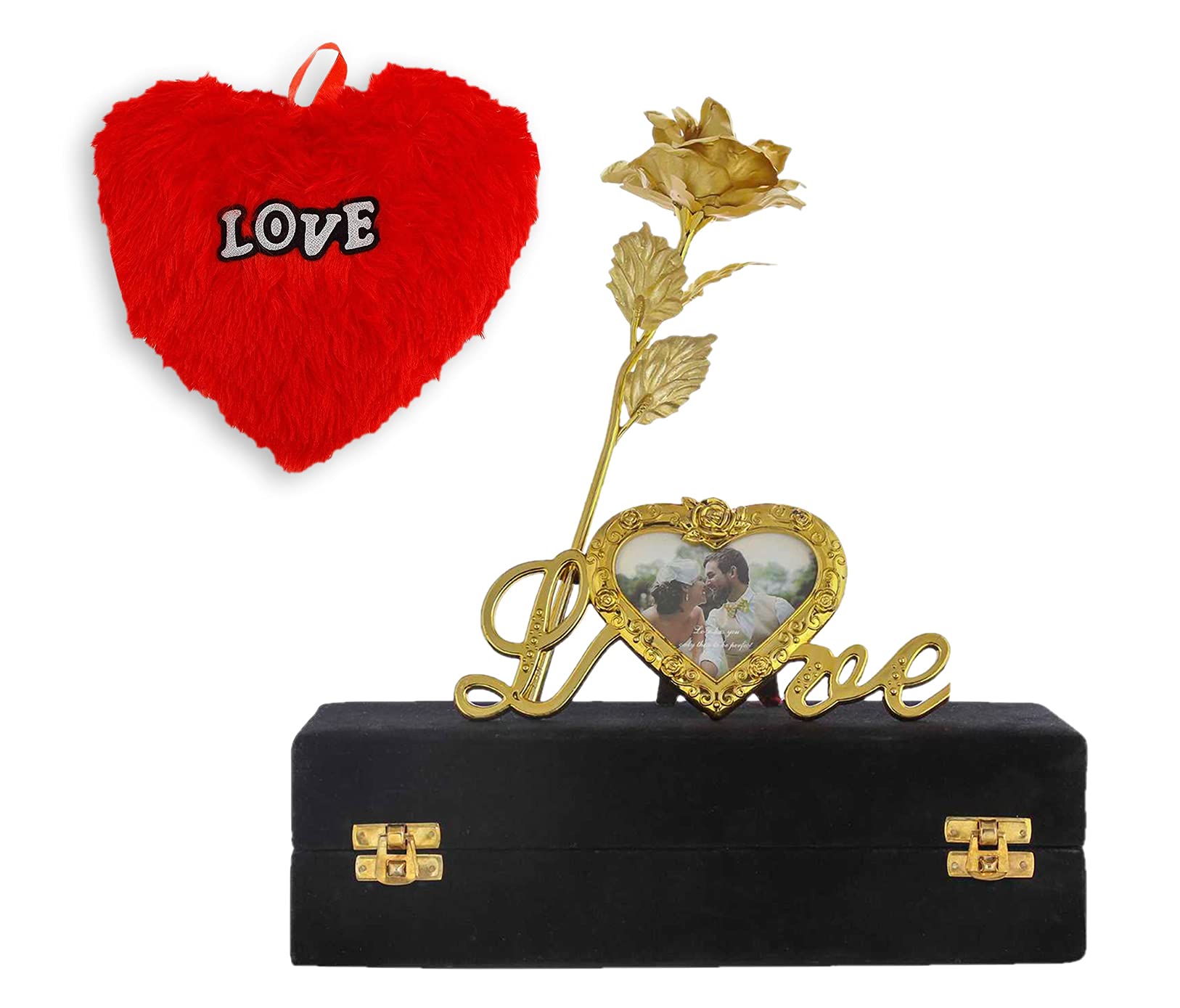 INTERNATIONAL GIFT® Golden Rose and Photo Frame Stand with Black Velvet Box and Heart Shape Red Pillow/Cushions - 25 cm-image-17