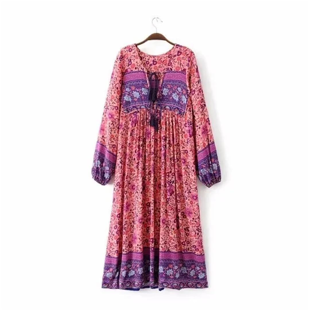 Vestido largo midi de rayón bohemio con estampado floral y cuello en V y manga larga con borlas para mujer