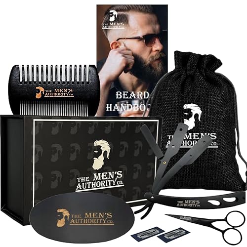 Kit de aseo de barba prémium para hombres, juego completo de cuidado de la barba con cepillo de cerdas de jabalí, tijeras de recorte, peine y