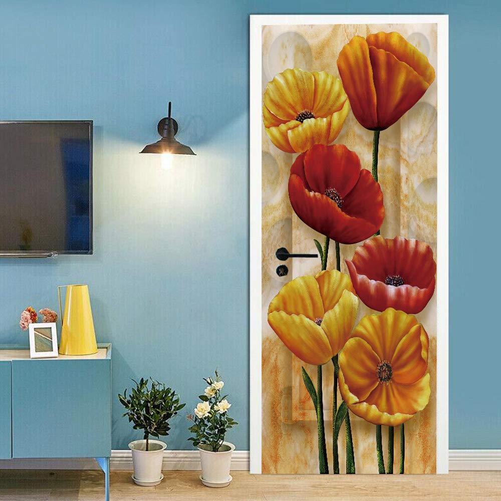 Sticker porte trompe l'oeil fleurs tulipes 88x200cm autocollant escaliers