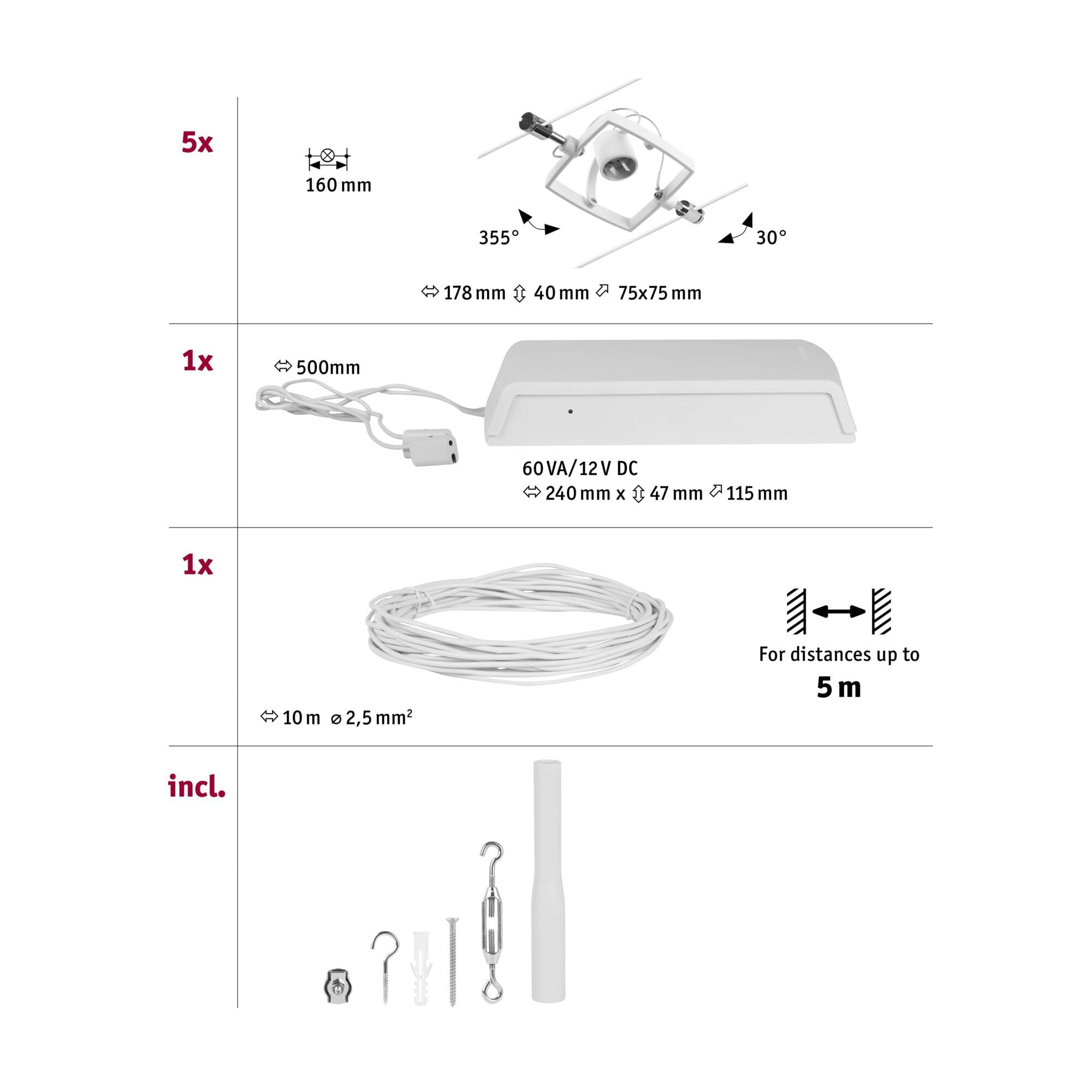 Paulmann 94432 CorDuo Set Système de Câbles Mac II DC 5 x 10 watt max, Éclairage Extensible Blanc Mat Câble Matière Plastique GU5,3 Système de Câbles sans Ampoules