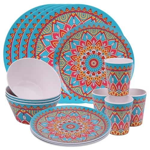 Trimming Shop Juego de vajilla de melamina de 16 piezas, platos, platos de postre, cuencos y tazas, juego de vajilla marroquí | Servicio para 4 | Juego de vajilla reutilizable para...