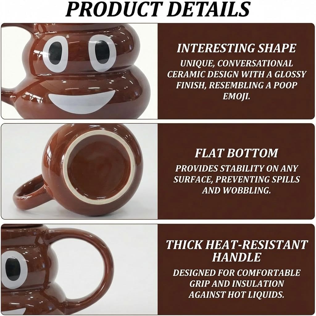 17oz Poop Ceramic Coffee Mugs with Golden Spoons, Brown Poop Shaped Ceramic Cup, Funny & Unique Gift Idea (Smile Cup)
