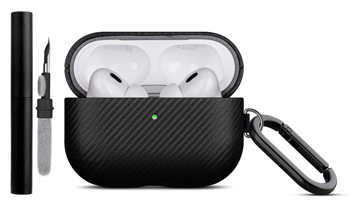 LOPIE Handmade AirPods Pro Case, Carbon Fiber Texture Vegan Leather Case with Keychain & Cleaner Kit, Protective Hard Shell Cover - Black