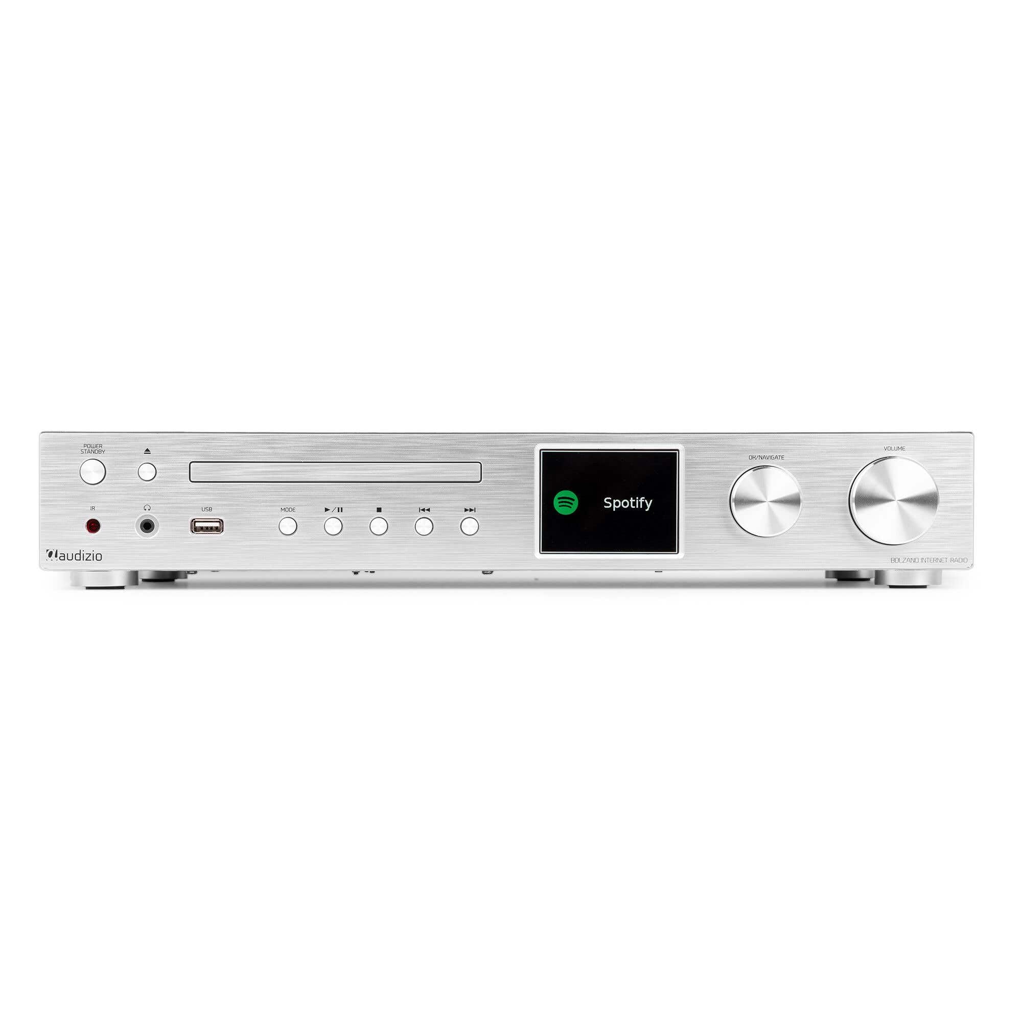 Audizio Bolzano, Internetradio WLAN, DAB Radio mit CD-Player, Spotify Player, Receiver 2x50 Watt, Bluetooth, Wecker, Fernbedienung, App-Steuerung, Toslink, Subwoofer-Anschluss, DAB+ FM, Silber