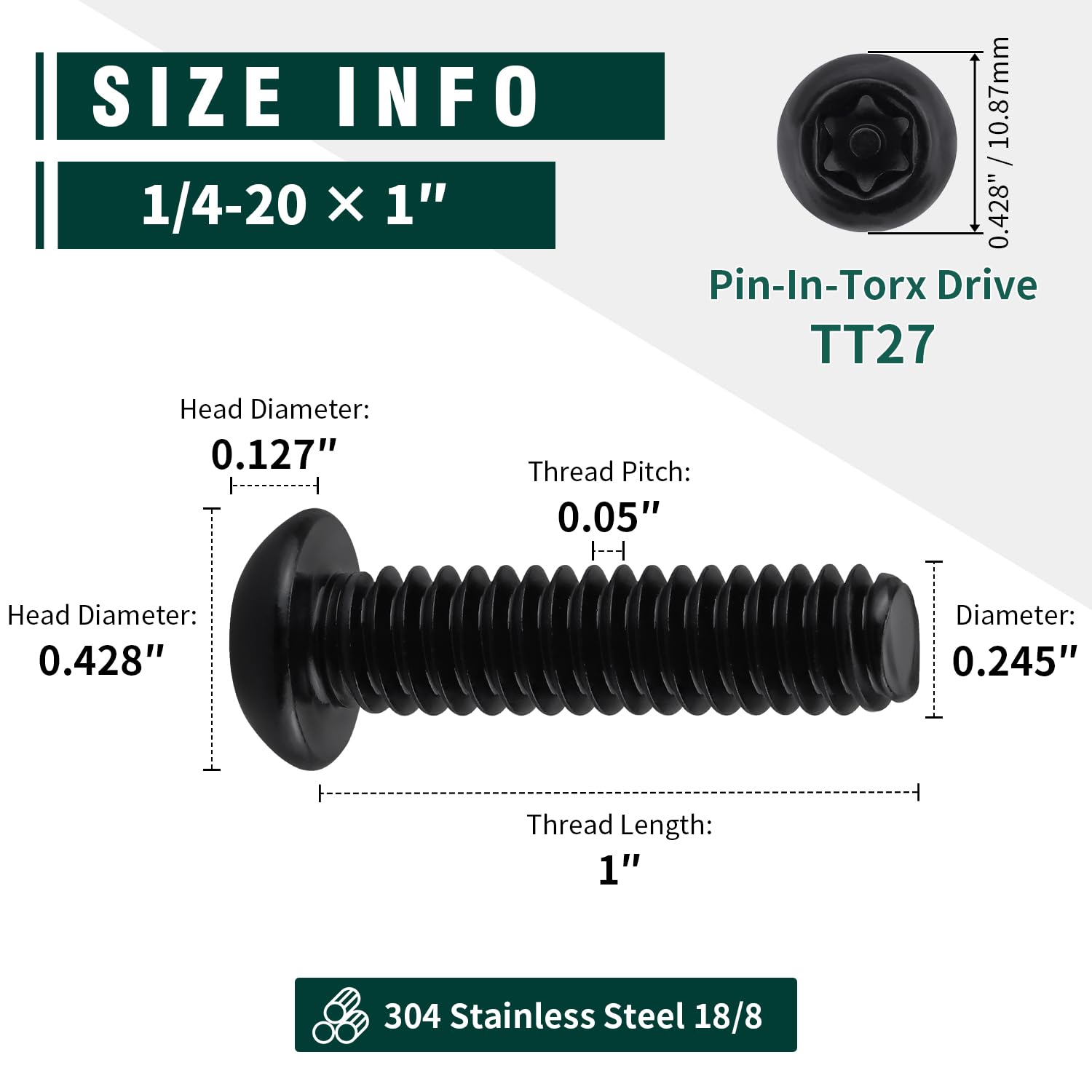 1/4-20 x 1 Button Head Torx Security Screws, 304 Stainless Steel