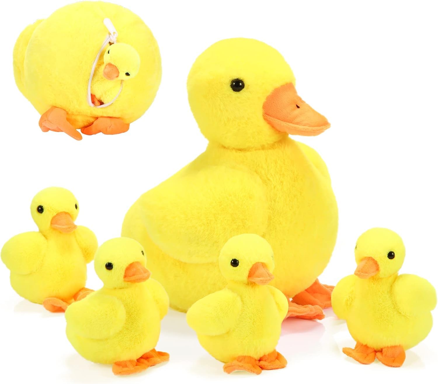 Zomiboo 5 Pcs Duck Plush Set - Mama & 4 Baby Ducklings with Zipper Pouch, Soft Plush Stuffed Animals, Toys Family(Yellow Duck)
