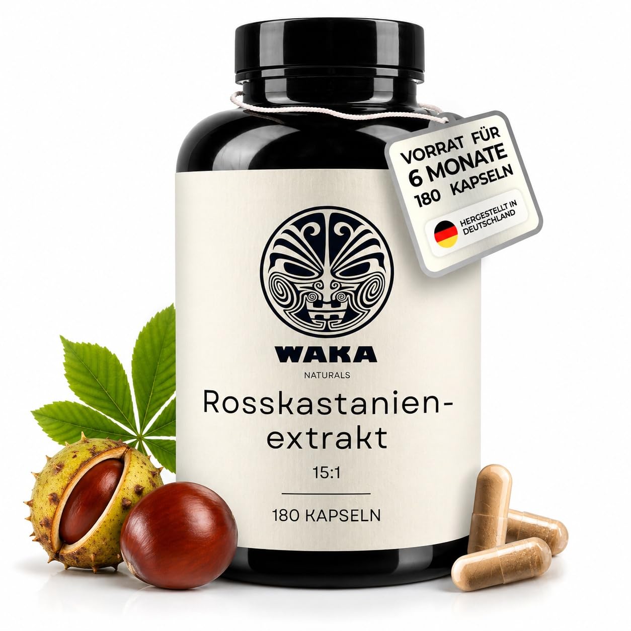 Waka Rosskastanienextrakt – 800 mg reines Extrakt – 180 Kapseln – 6 Monats-Vorrat -hochdosiert vegane Rosskastanien kapseln