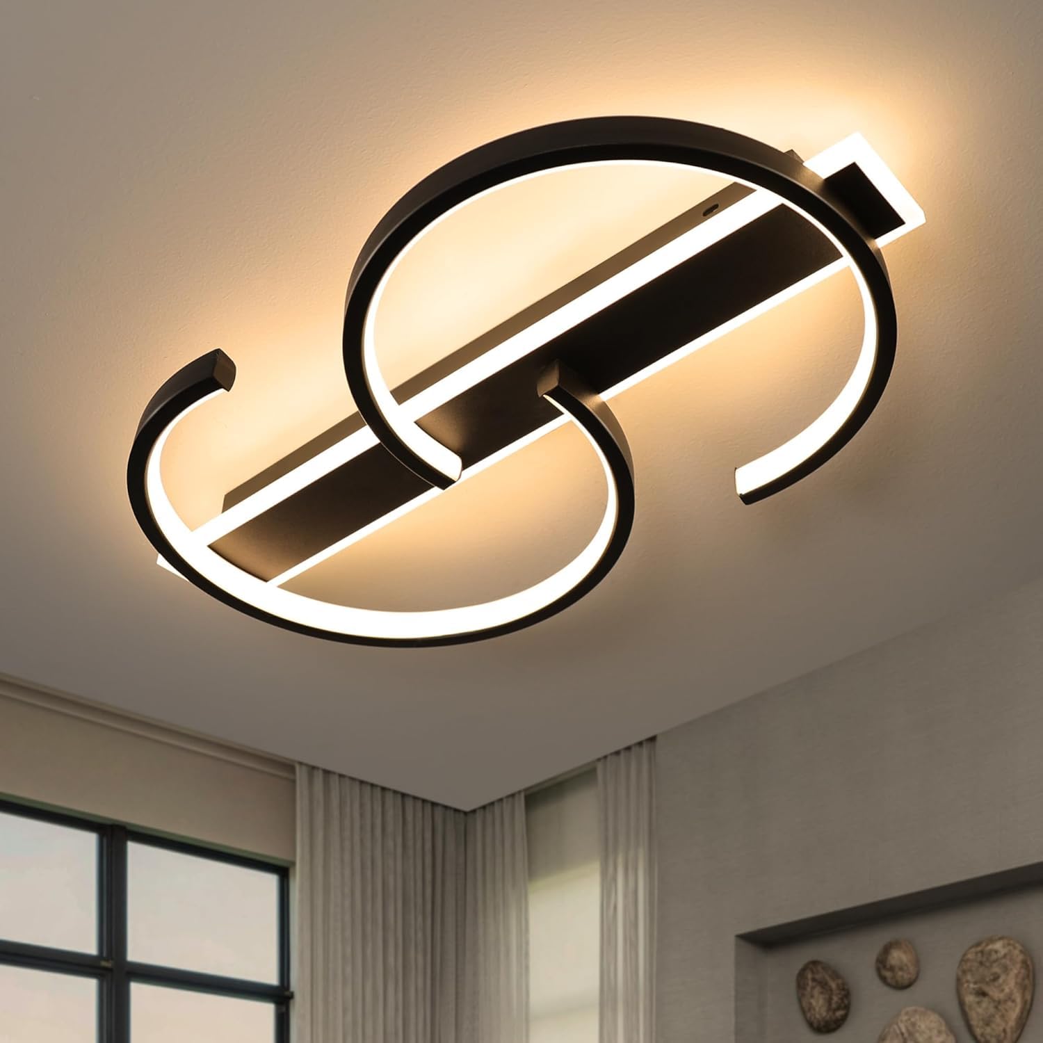 TRUWELLA 19.7" LED Ceiling Light, 2 Rings Design Flush Mount Ceiling Light with Remote Control, 45W Matte Black Dimmable 3000-6000K, Modern Light