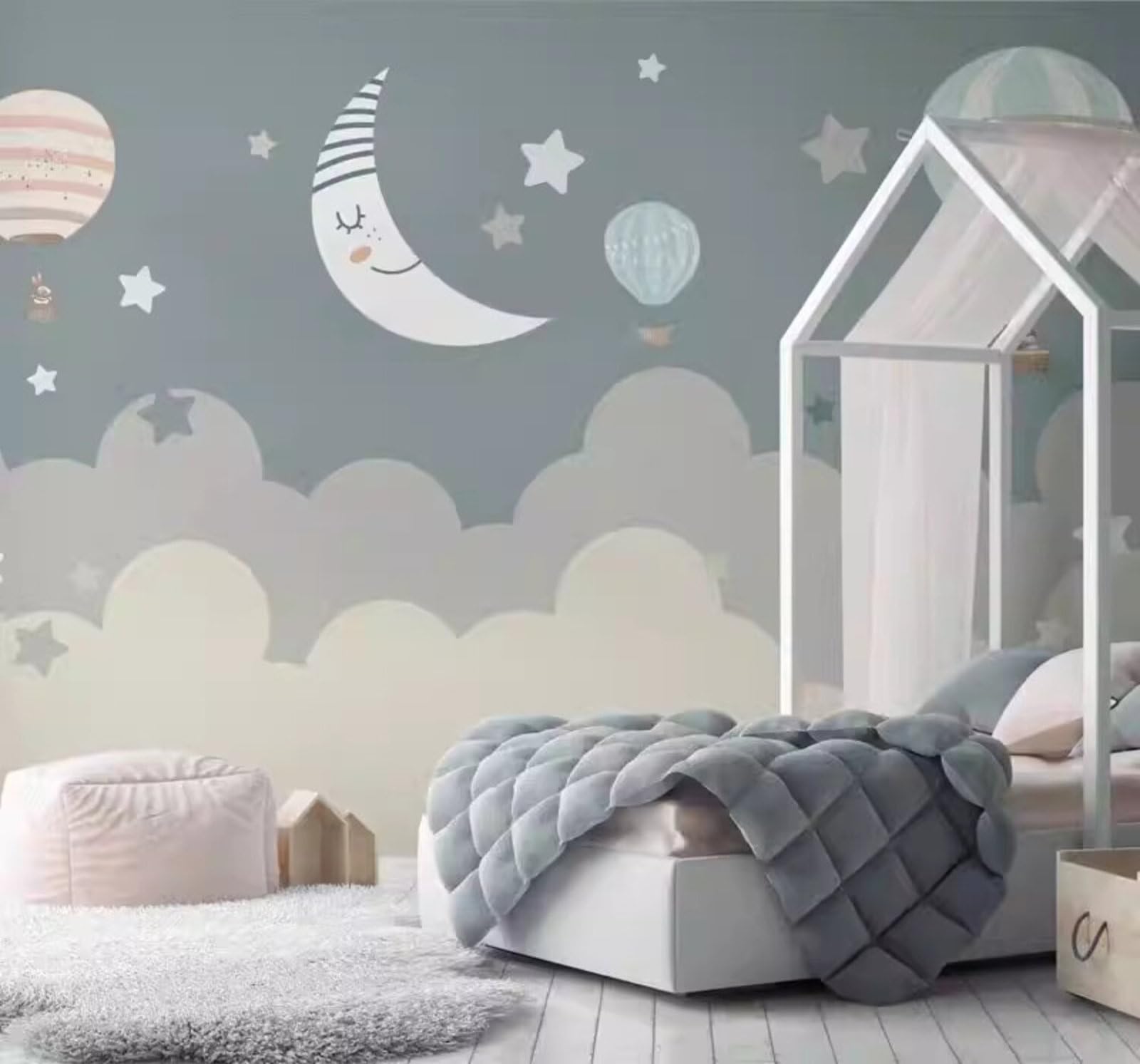 Cartoon Hand Drawn Starry Sky Hot Air Balloon Unique 3D Wallpaper Easy Install Feature Office Living Room Sofa Bedroom TV Background Wall Decoration-150cm×105cm