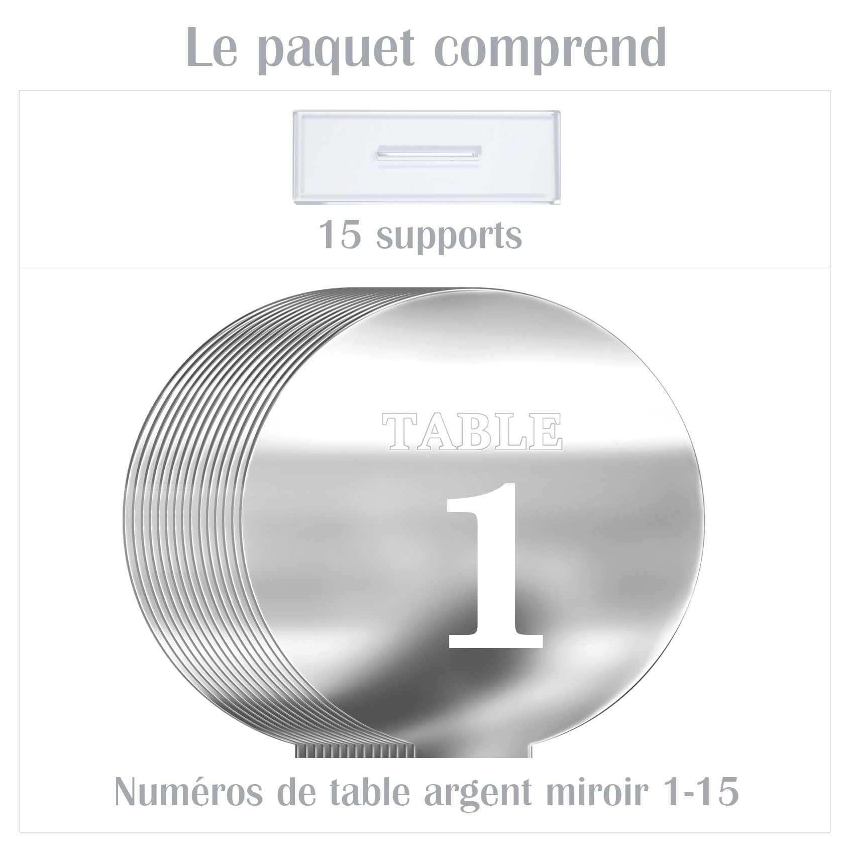 Numéros de table de mariage en acrylique de 1 à 15 avec supports, 12 cm, miroir rond doré, pour réception de mariage, fête, événement, décoration de centre de table (argent, 1 à 15)