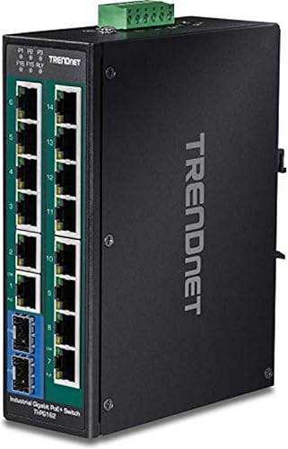 TRENDnet Interruptor de riel DIN Gigabit PoE+ industrial endurecido de 16 puertos; TI-PG162; 14 puertos Gigabit; 2 x ranuras SFP Gigabit; 32Gbps;