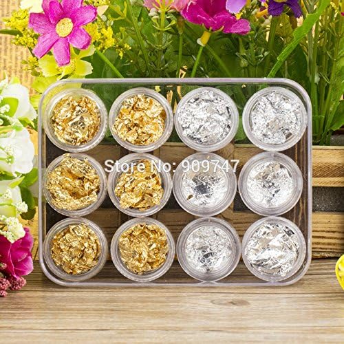 Ascentan(TM)12 pots Gold Silver Copper Foil Palette Chip Colors Nail Art Glitter Foil Decoration Set Retail