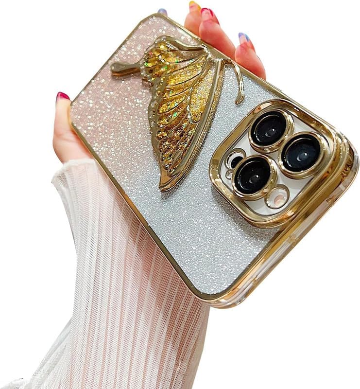 Image of MIDOS Thermoplastic Polyurethane Designed Compatible With iPhone 14 Pro Max Case With Glitter Cute Butterfly Plating Design Aesthetic Women Girls Cover For iPhone 14 Pro Max (Gold)